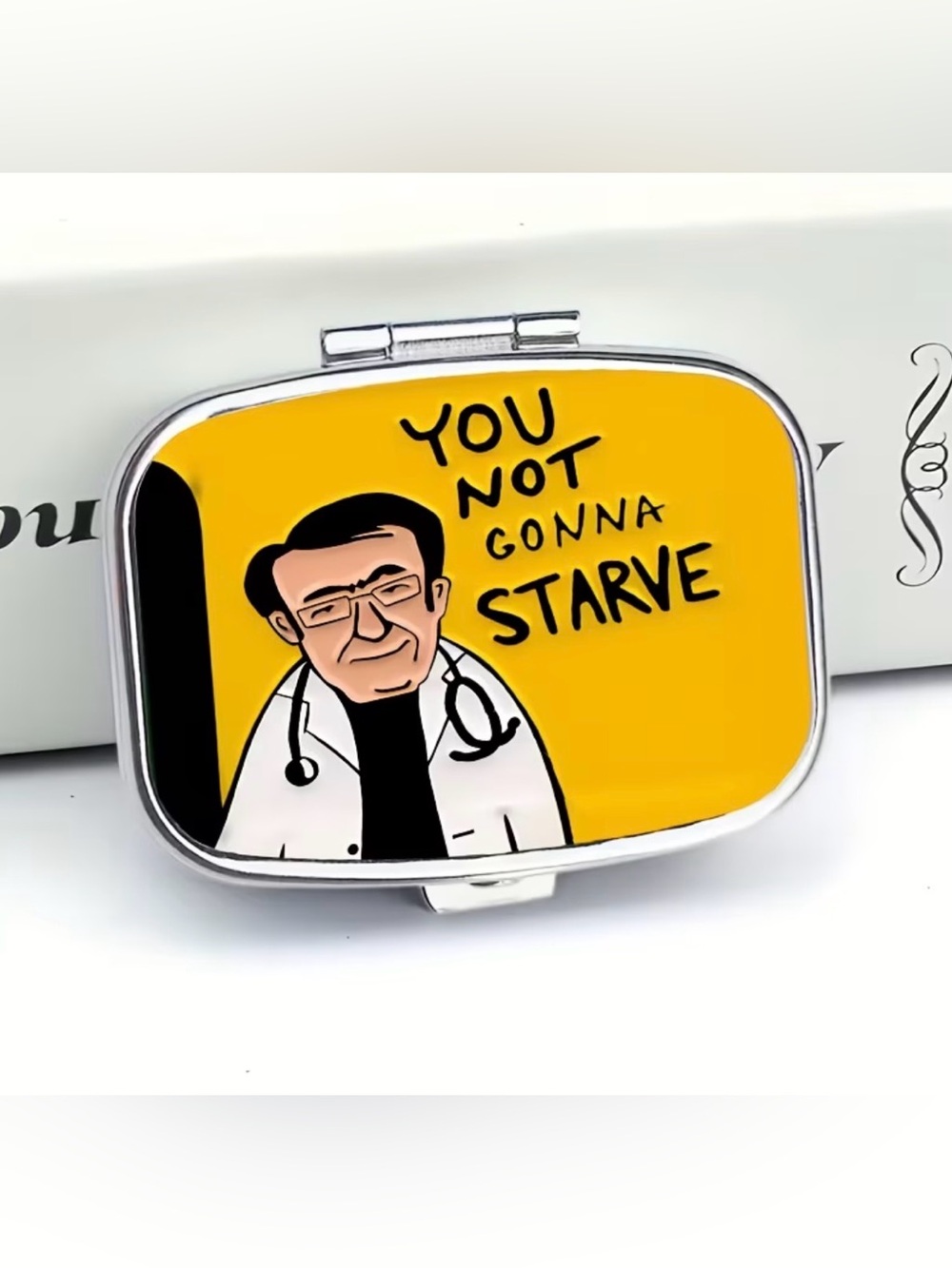 Yellow 'You Not Gonna Starve' Pill Case with Doctor Illustration